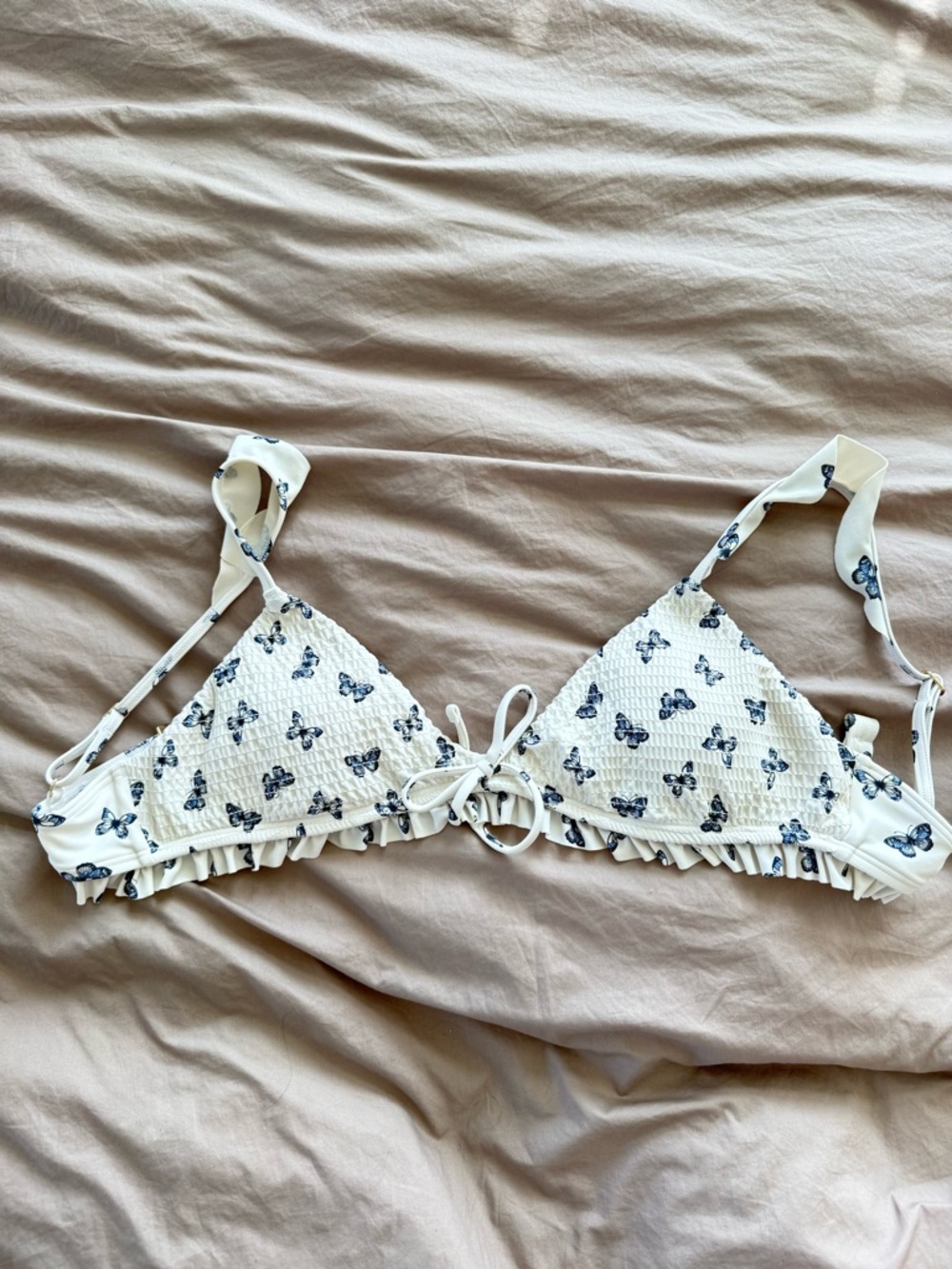 Hollister White Triangle Bikini Top with Navy Butterfly Print